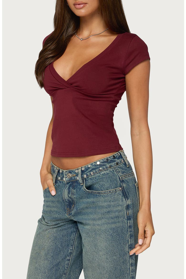 Penelopy Overlap V-Neck T-Shirt, Alternate, color, BURGUNDY