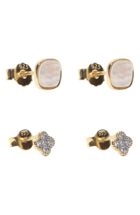 Set of 2 Mother-of-Pearl & Cubic Zirconia Stud Earrings