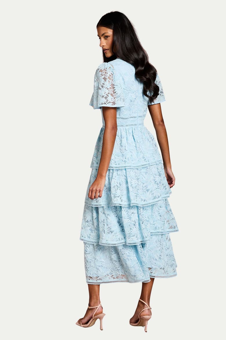 Petite Flutter Sleeve Tiered Midi Dress, Alternate, color, Pale Blue