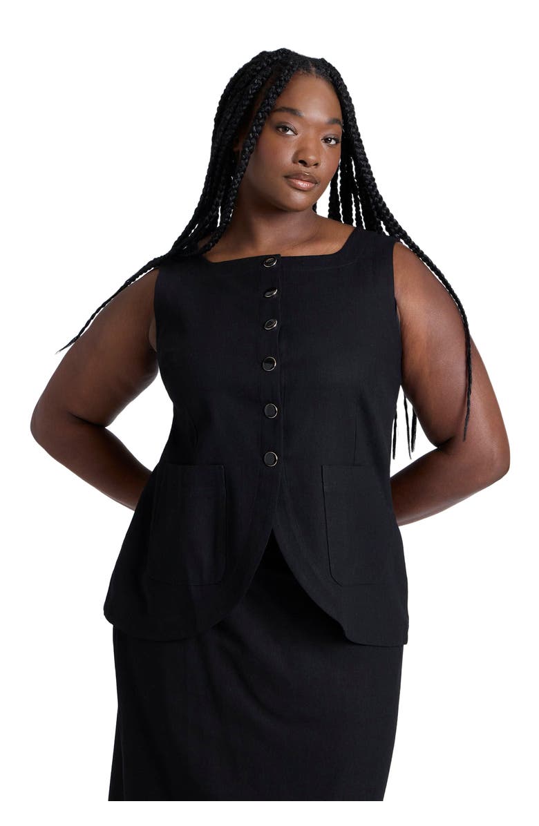 ELOQUII Square Neck Scoop Hem Linen Blend Vest, Main, color, Black Onyx