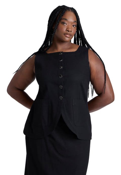 Square Neck Scoop Hem Linen Blend Vest (Plus Available)