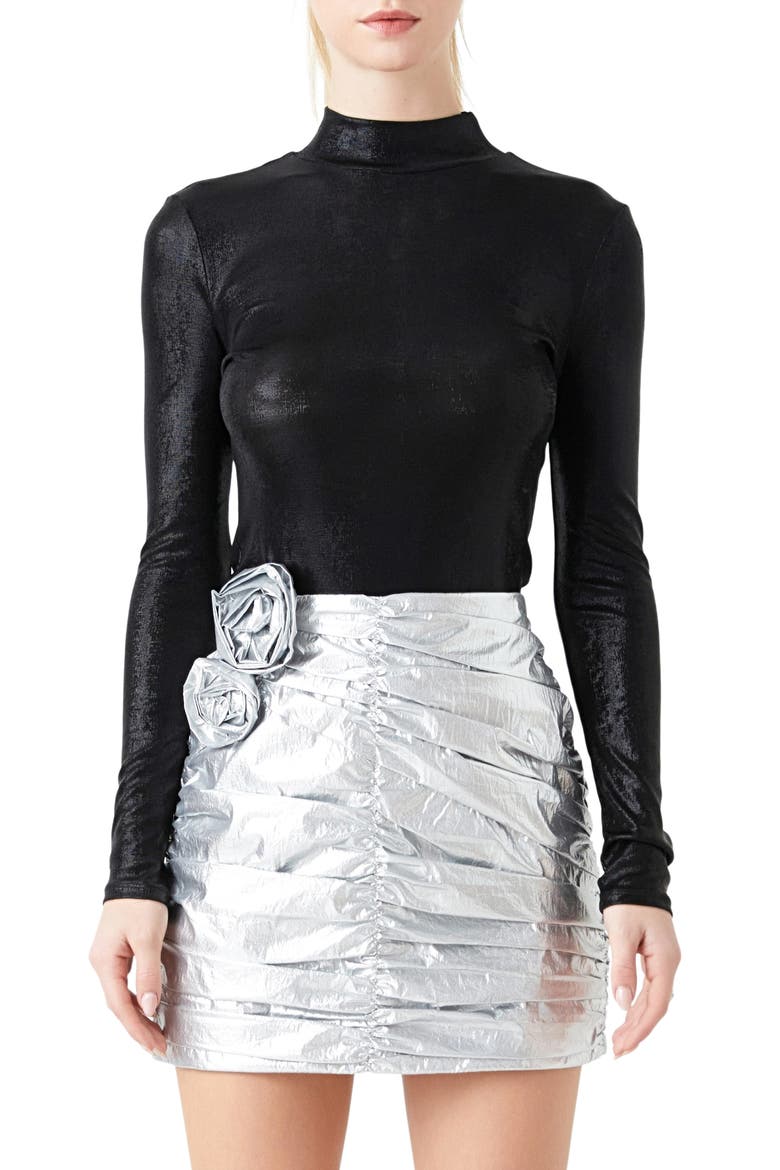 Shiny Mock Neck Top, Main, color, BLACK