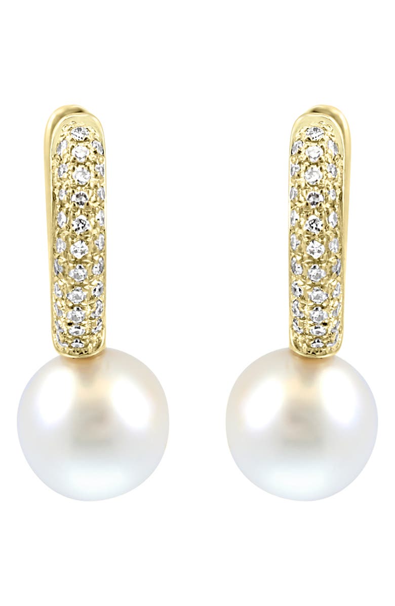 EFFY Pavé Diamond Pearl Drop Huggie Hoop Earrings, Alternate, color, White