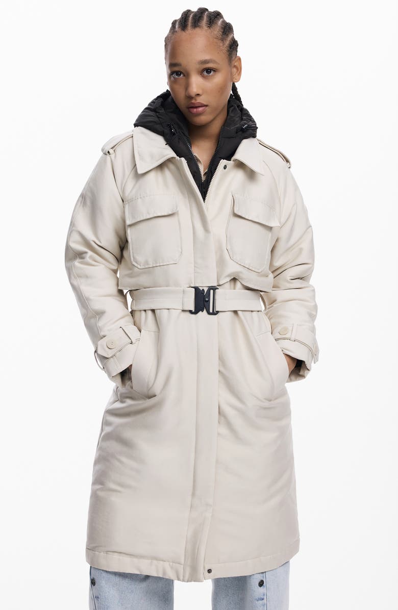 Desigual Belted Trench Coat with Removable Hooded Bib, Alternate, color, Beige