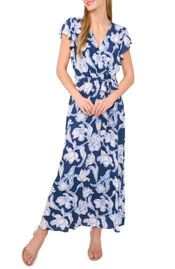 Cece Floral Faux Wrap Maxi Dress In Blue