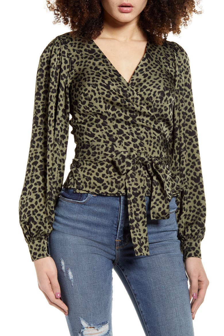 Long Sleeve Wrap Top, Main, color, SAGE LEOPARD001