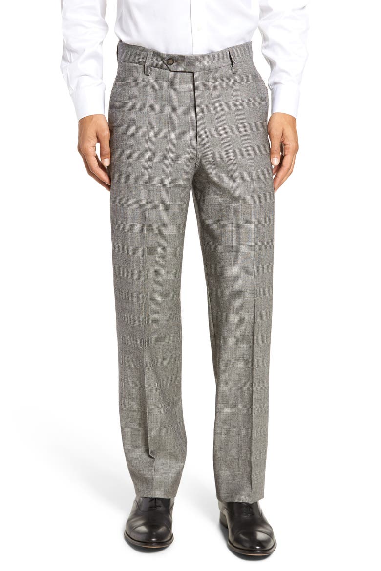 Touch Finish Flat Front Plaid Classic Fit Stretch Wool Dress Pants, Main, color, BLACK/ WHITE