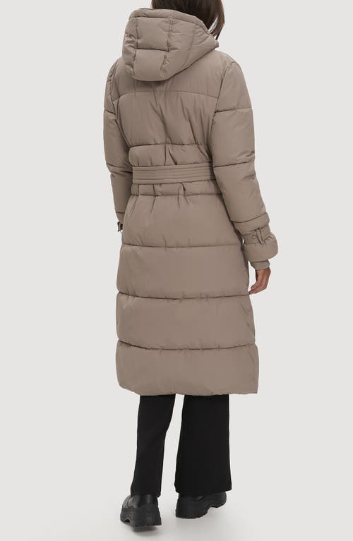 Noize Mara Belted Maxi Puffer Coat With Removable Hood In Brown