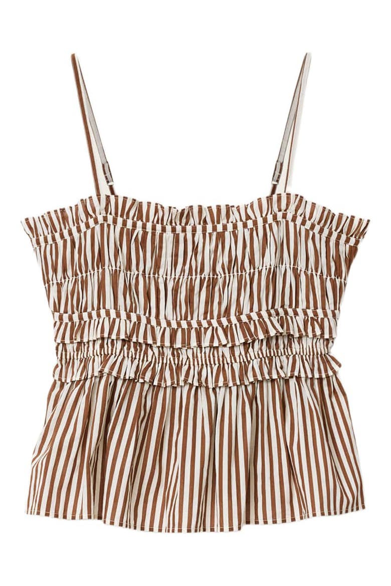 Kali Stripe Smocked Cotton Peplum Tank, Alternate, color, PENNY BROWN/ WHITE