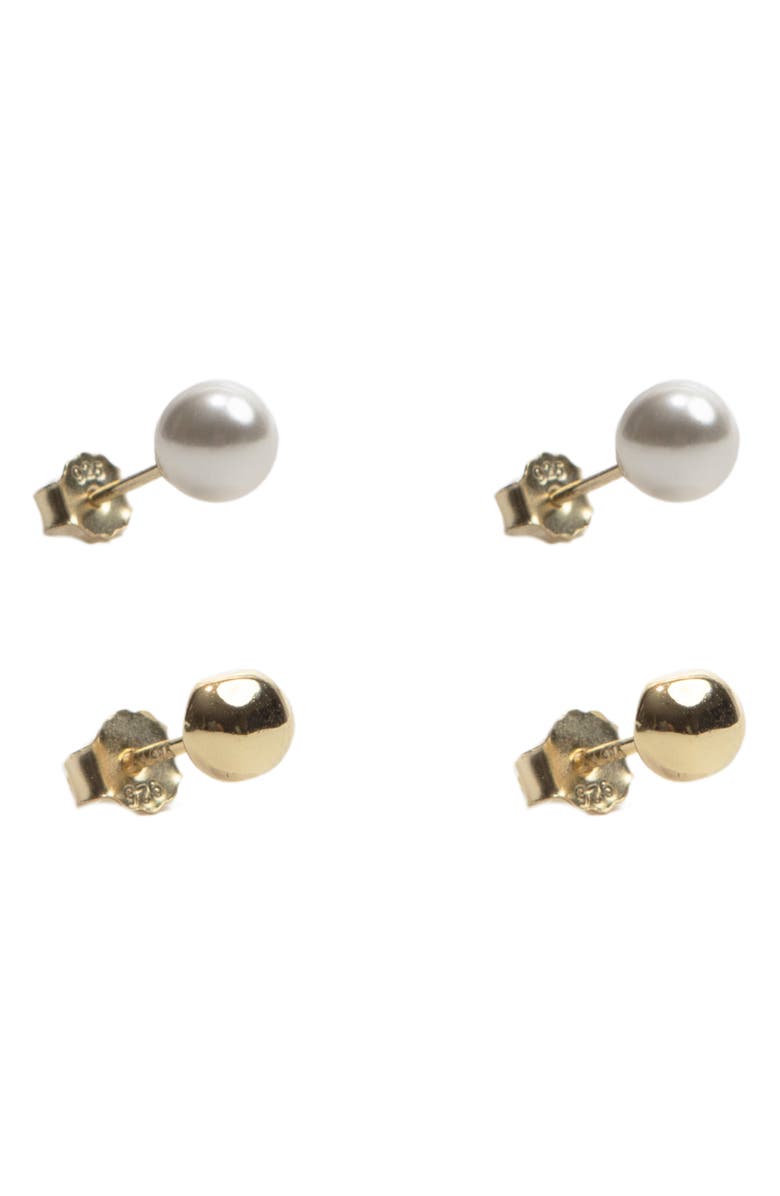 Argento Vivo Sterling Silver Freshwater Pearl & Round Stud Earrings Set, Main, color, Gold
