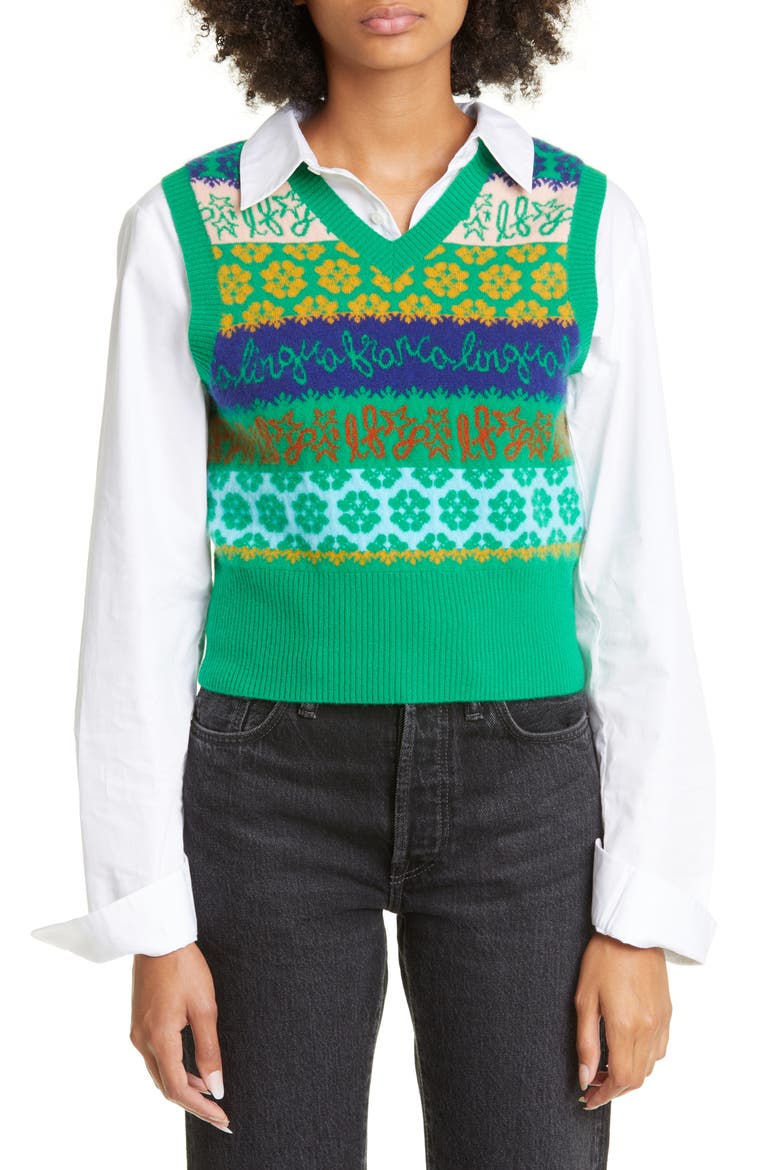 x Nordstrom Gender Inclusive Logo Jacquard Cashmere Sweater Vest, Main, color, KELLY GREEN MULTI