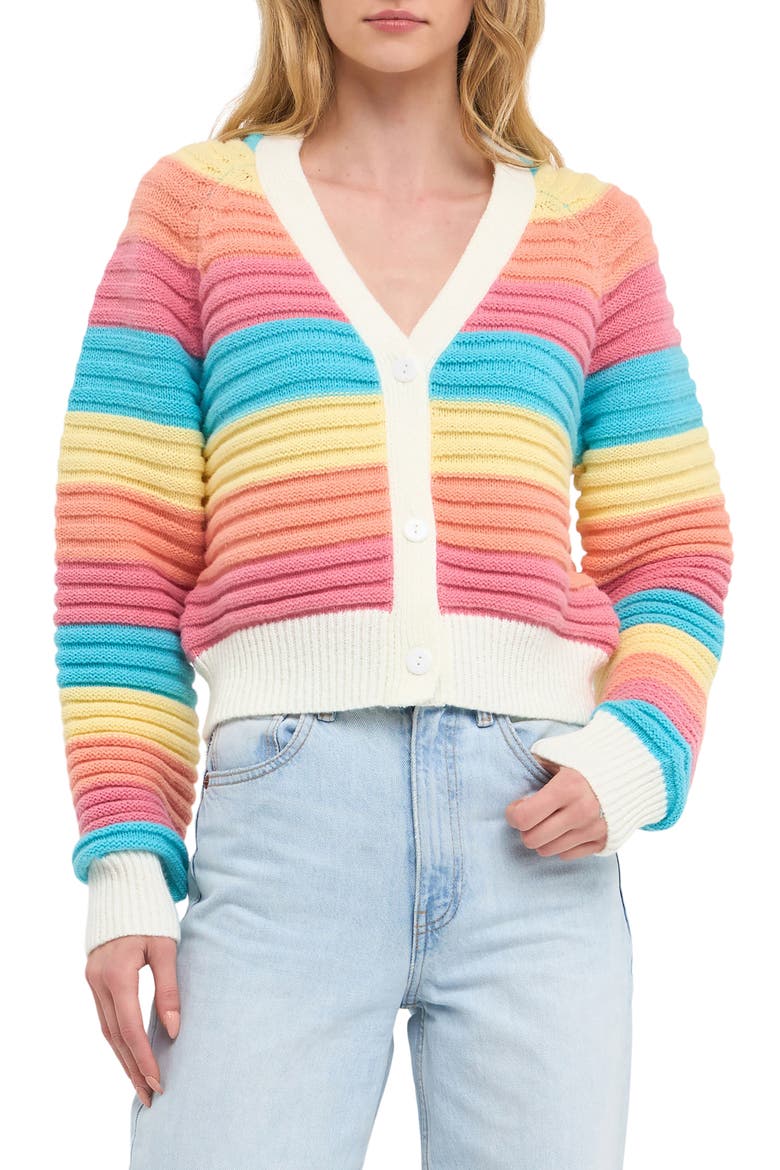 Rainbow Stripe Rib Cardigan, Main, color, MULTI