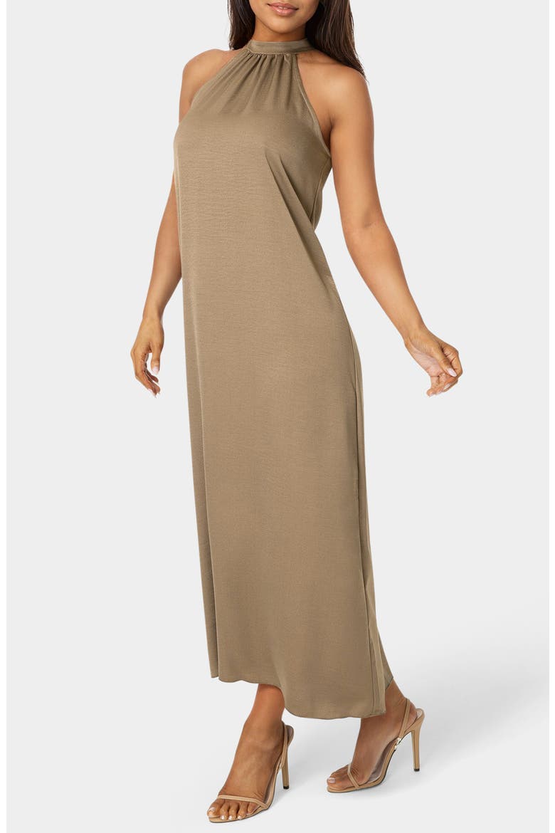 Crushed Satin Mock Neck Maxi Dress, Alternate, color, MOCHA