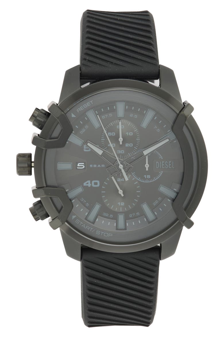 Griffed Chronograph Silicone Strap Watch, 48mm, Main, color, BLACK