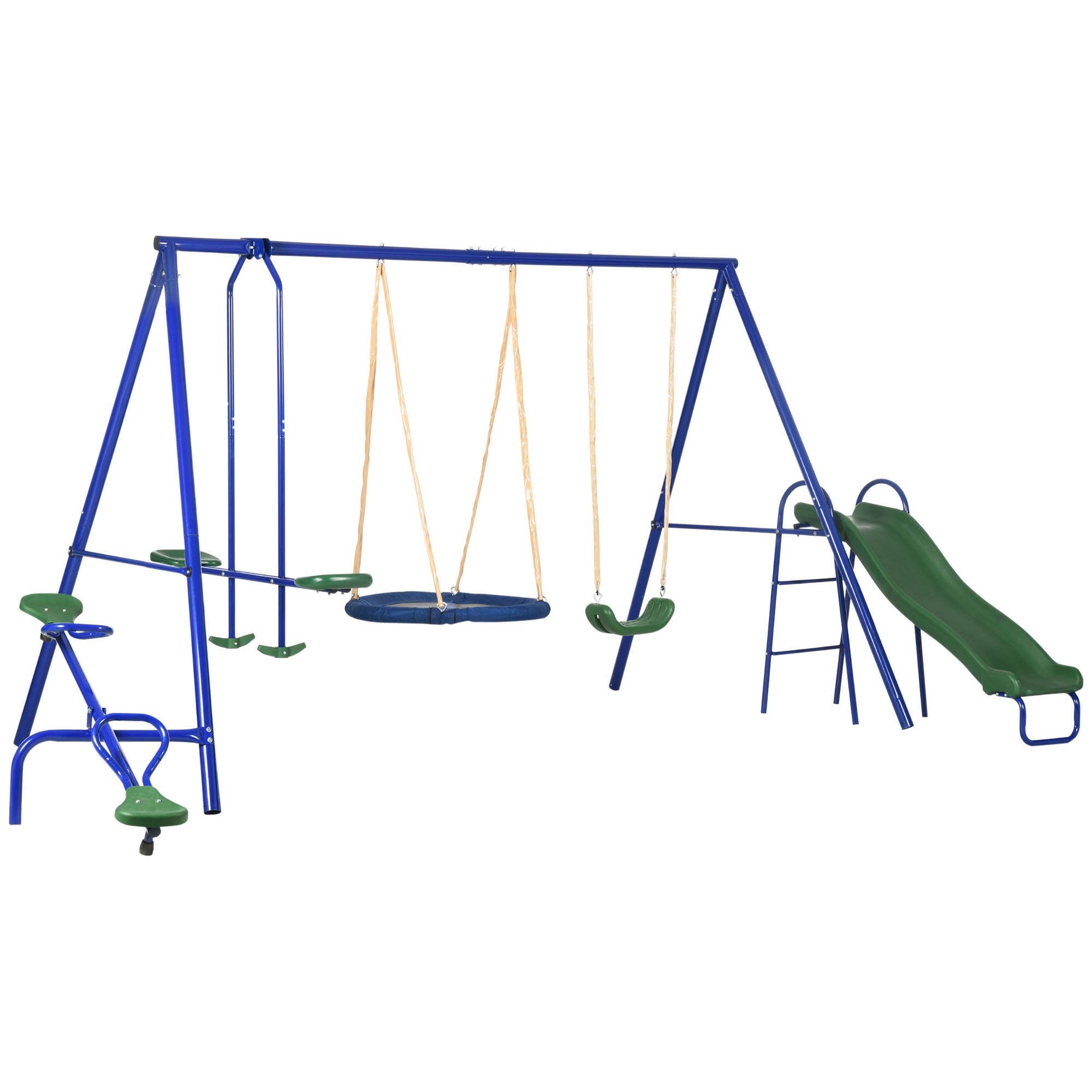 Outsunny 5-in-1 Kids Swing Set with Saucer Swing, Outdoor Slide, Seesaw, Metal Structure in Blue 