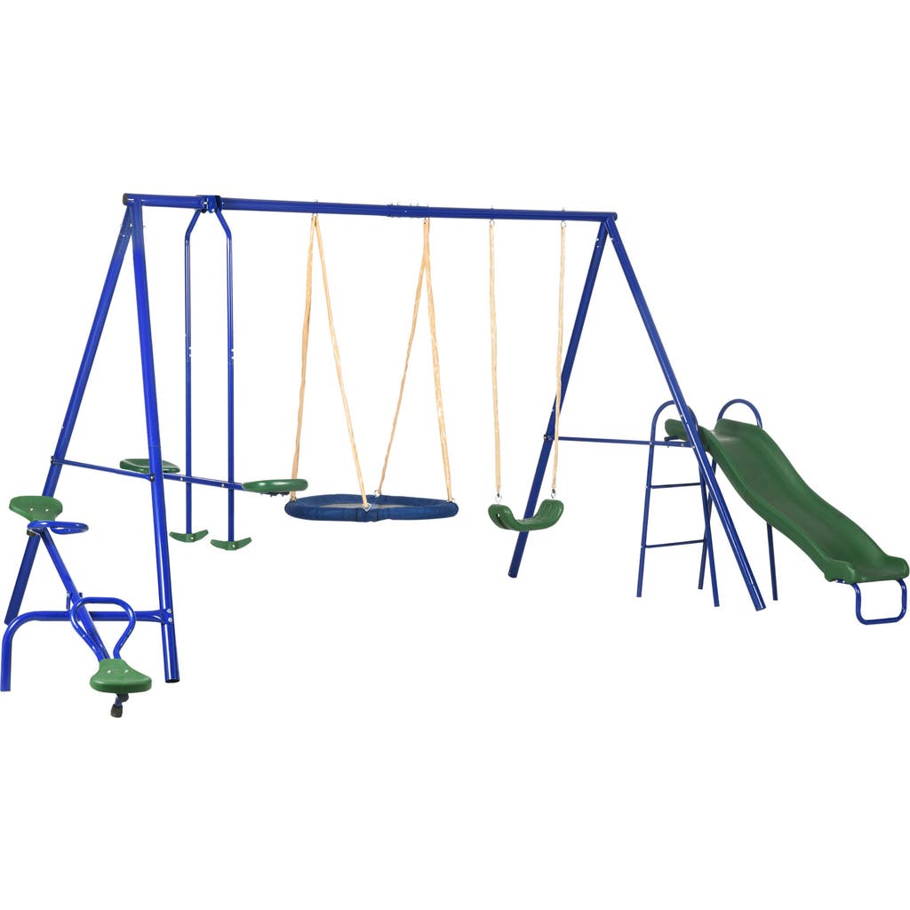 Outsunny 5-in-1 Kids Swing Set with Saucer Swing, Outdoor Slide, Seesaw, Metal Structure in Blue  product