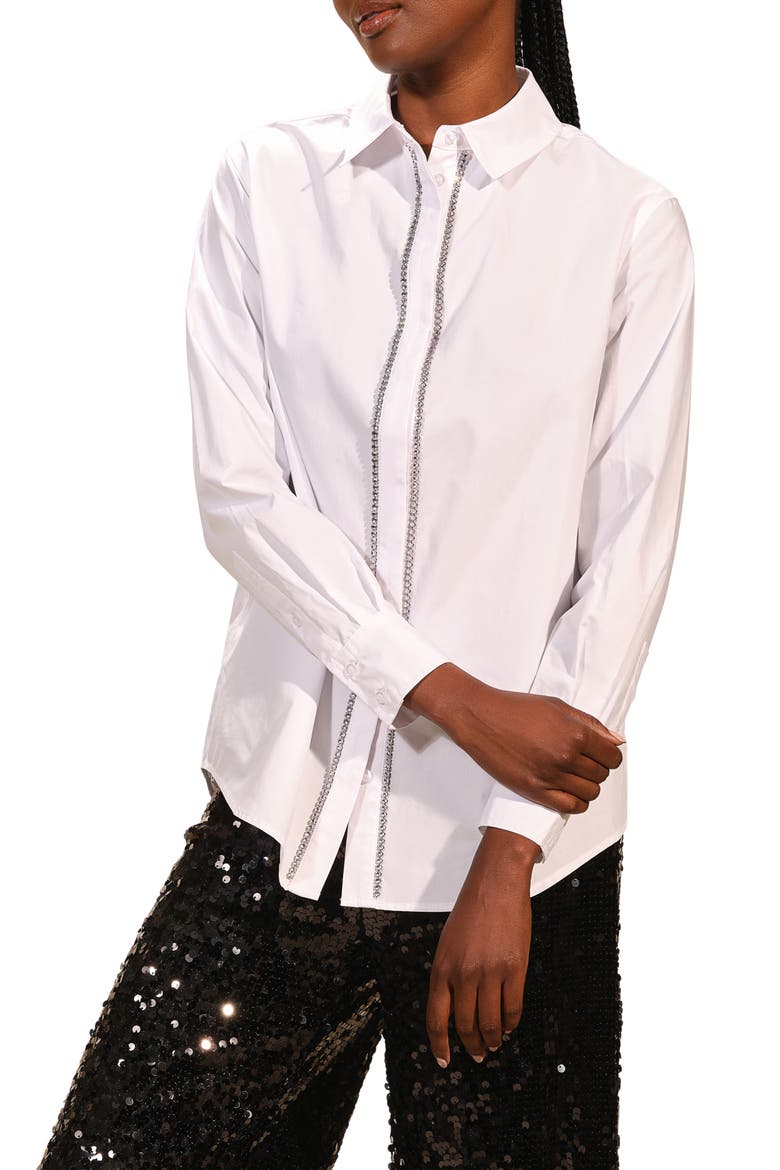 Rhinestone Embellished Cotton Button-Up Shirt, Main, color, WHITE