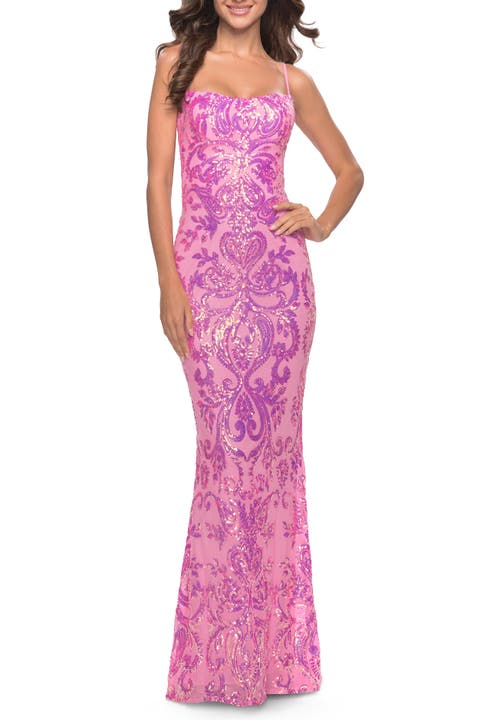 Print Sequin Gown with Square Neckline