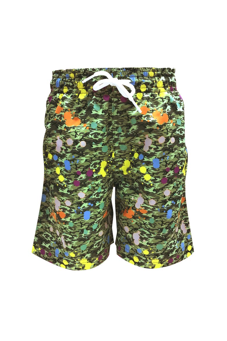 Kids' Camouflage Print Long Quick-Dry Swim Trunks, Main, color, Green