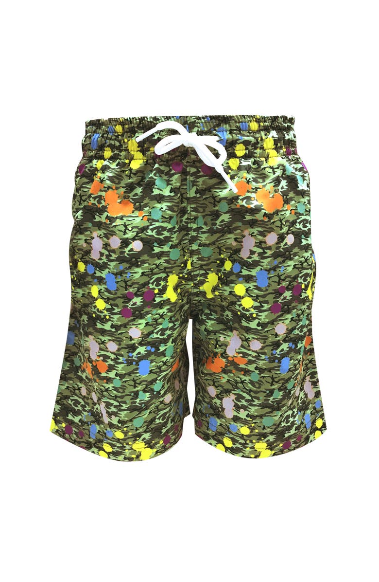 NESSI BYRD Kids' Camouflage Print Long Quick-Dry Swim Trunks, Main, color, Green