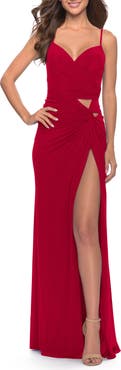 La Femme Net Jersey Dress with Cutouts and High Slit