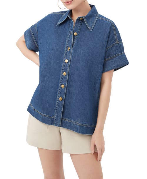Trina Turk Opponent 2 Denim Button Up Top In Blue