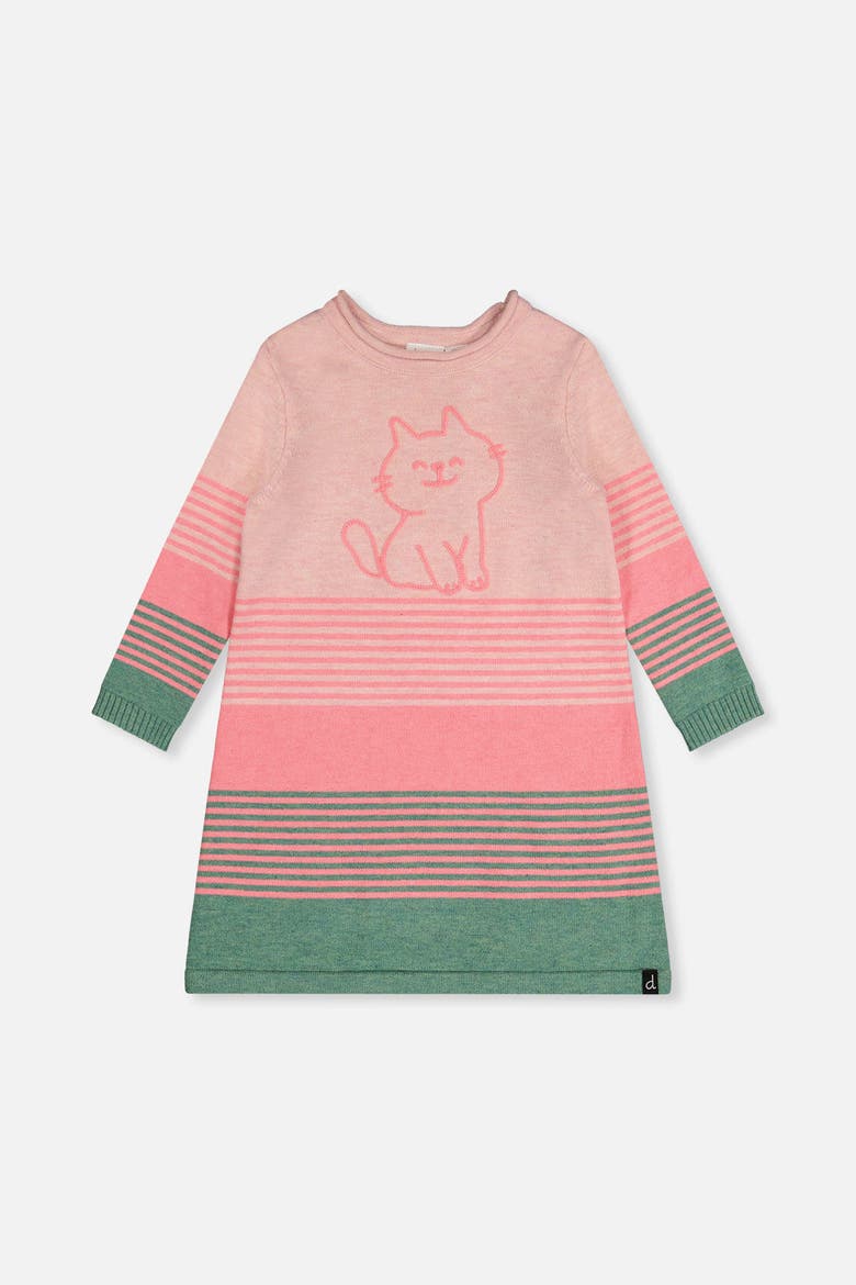 Knitted Stripe Cat Appliqué A-Line Dress, Main, color, Very Pale Pink and Green