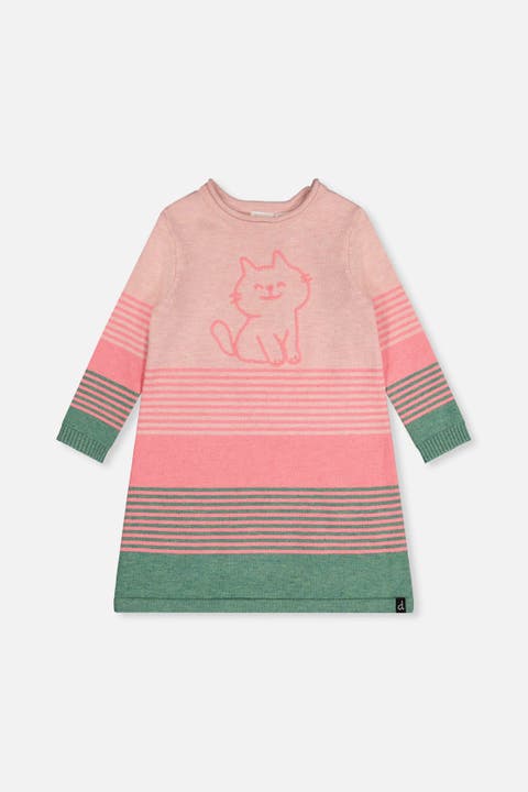 Knitted Stripe Cat Appliqué A-Line Dress