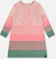 Deux par Deux Knitted Stripe Cat Appliqué A-Line Dress
