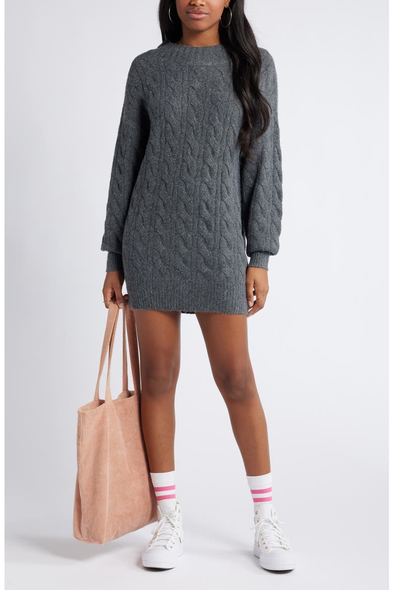Cable Long Sleeve Sweater Dress, Alternate, color, GREY MEDIUM CHARCOAL HEATHER