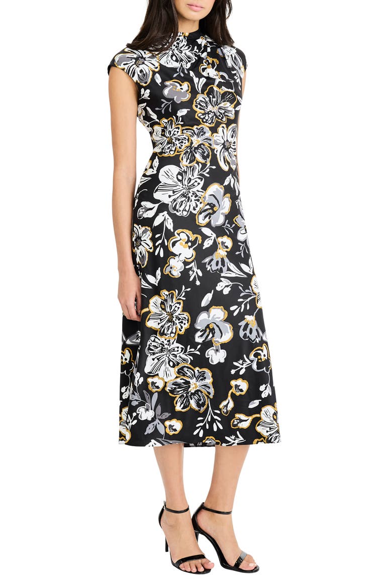 Floral Mock Neck Cap Sleeve A-Line Midi Dress, Alternate, color, BLACK/ GREY