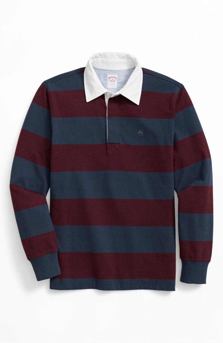 Brooks Brothers Stripe Long Sleeve Cotton Piqué Polo, Main, color, Navy/ Burgundy