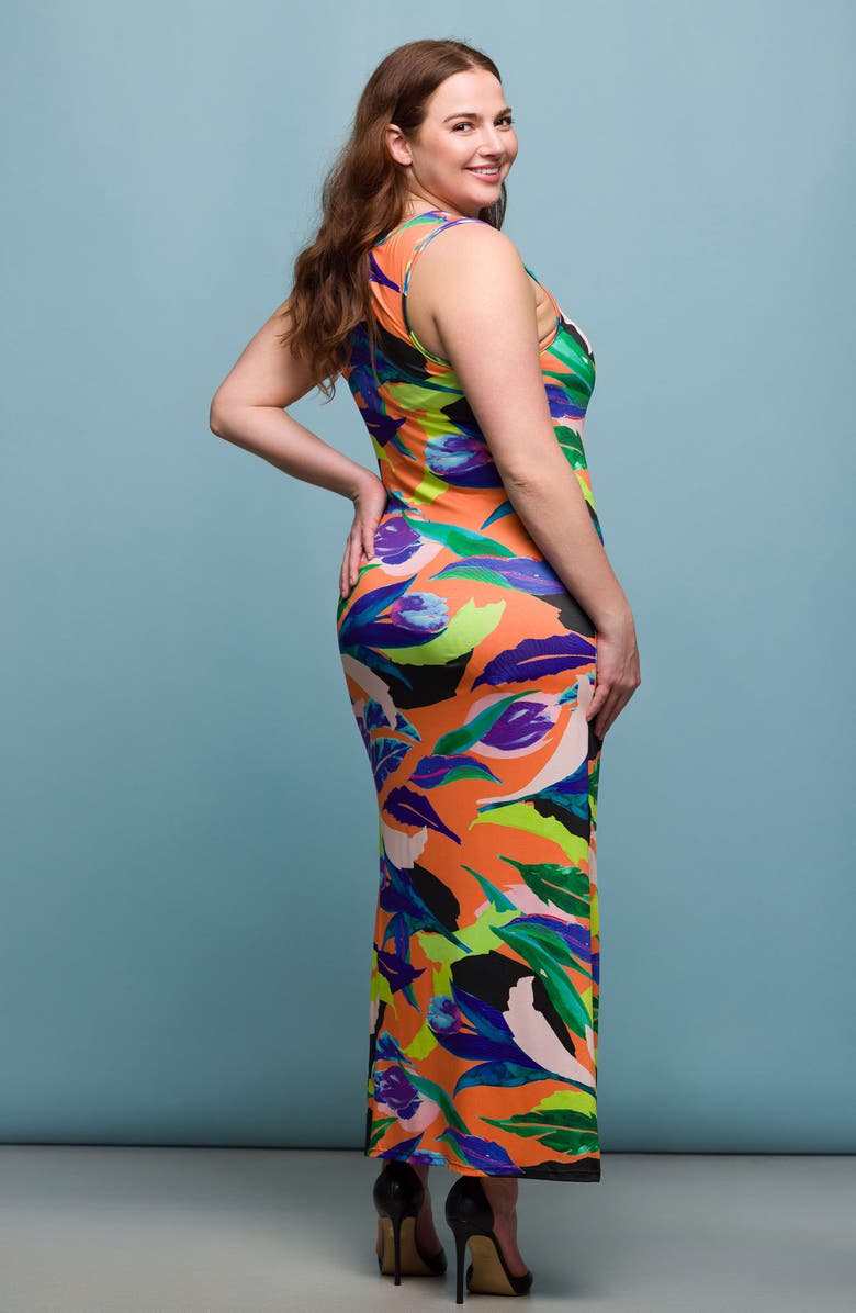 24seven Comfort Apparel Print Racerback Sleeveless Maxi Dress, Alternate, color, Orange Multi