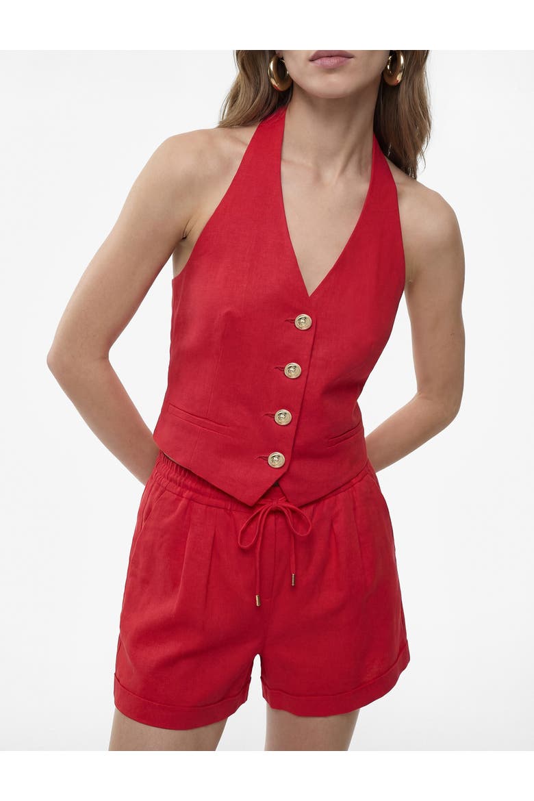 Linen Blend Halter Neck Button Vest, Alternate, color, RED