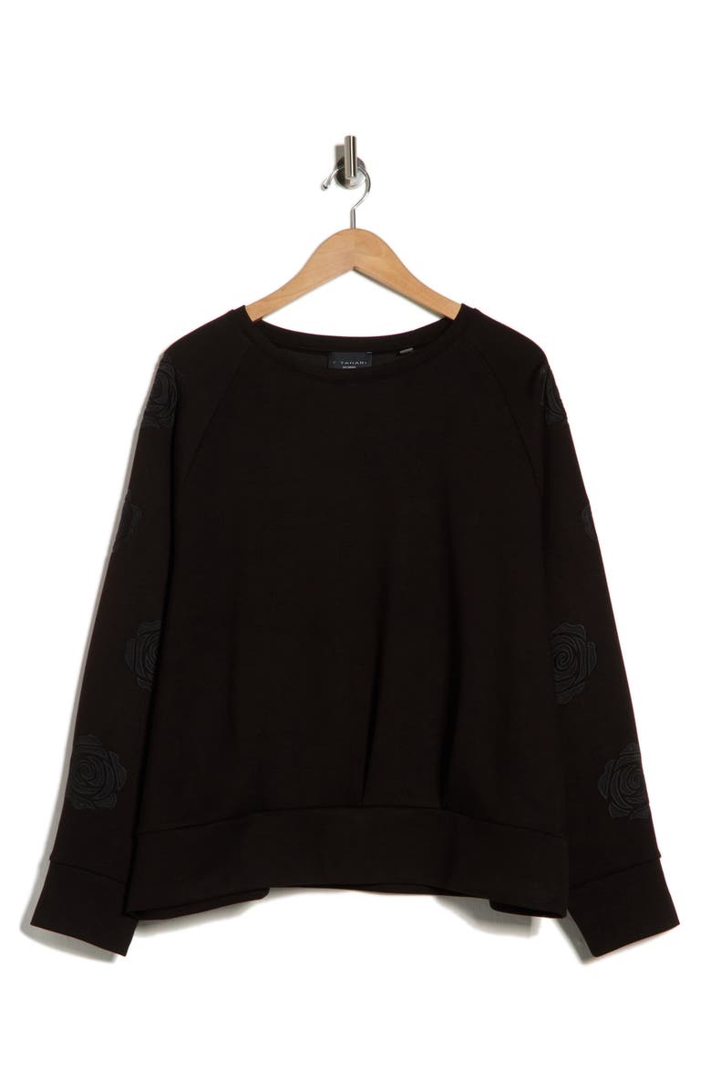 T Tahari Rose Embroidered Scuba Top, Main, color, Black