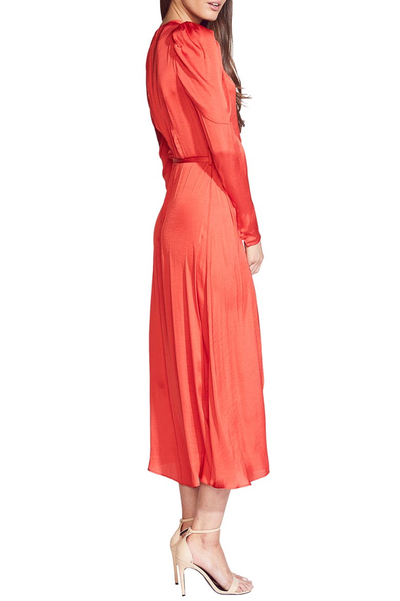 Alivia Long Sleeve Satin Faux Wrap Midi Dress, Alternate, color, FIRE RED