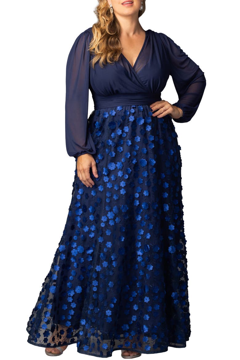 Blossoming Beauty Long Sleeve Mesh Evening Gown, Main, color, NAVY BLOSSOMS
