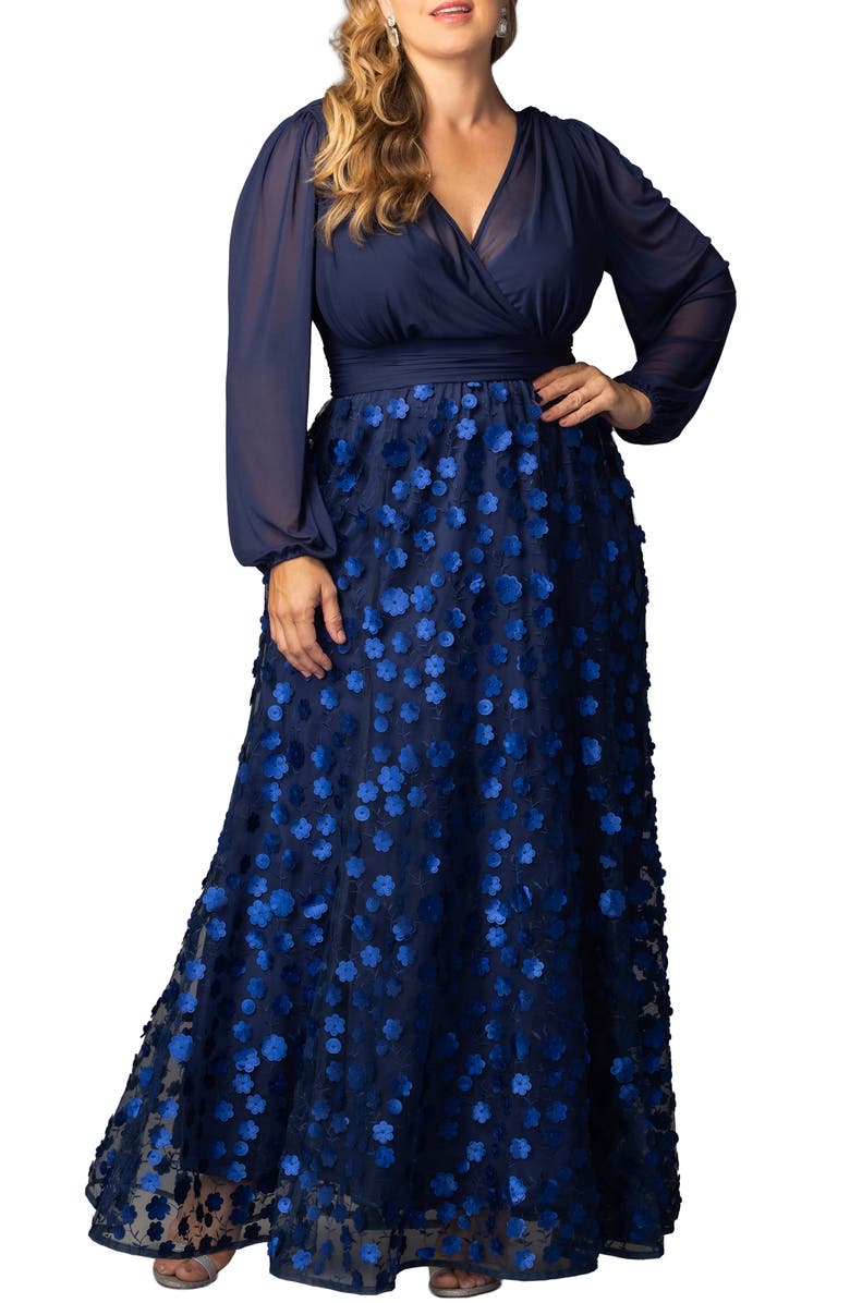 Kiyonna Blossoming Beauty Long Sleeve Mesh Evening Gown, Main, color, Navy Blossoms