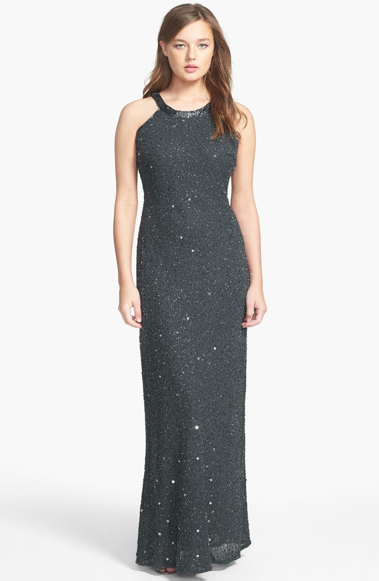 Adrianna Papell 'Caviar' Illusion Back Beaded Gown, Main, color, 