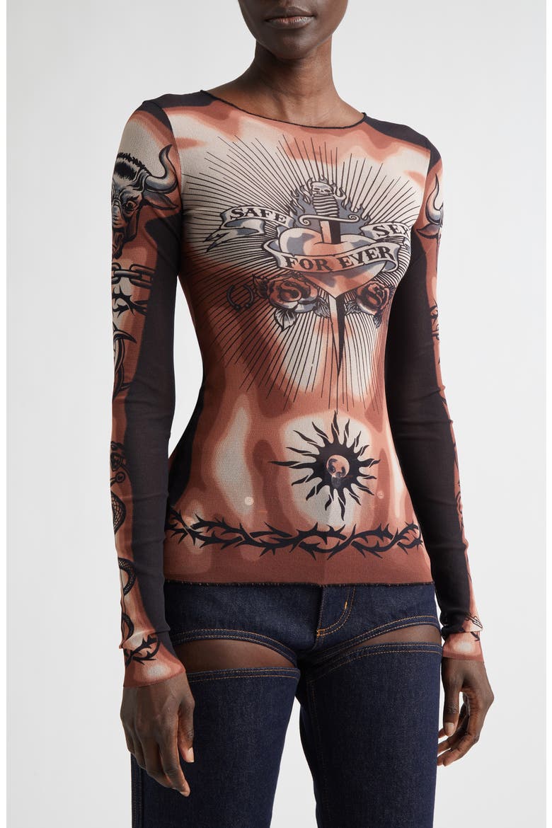 Re-Edition Tattoo Trompe l'Oeil Long Sleeve Mesh Top, Alternate, color, BEIGE/ BROWN/ BLACK