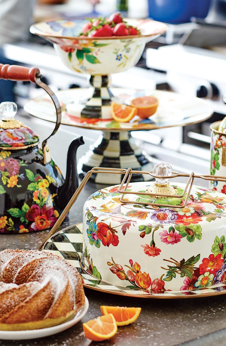 MACKENZIE CHILDS Flower Market Enameled Steel Cake Carrier, Alternate, color, White Multi