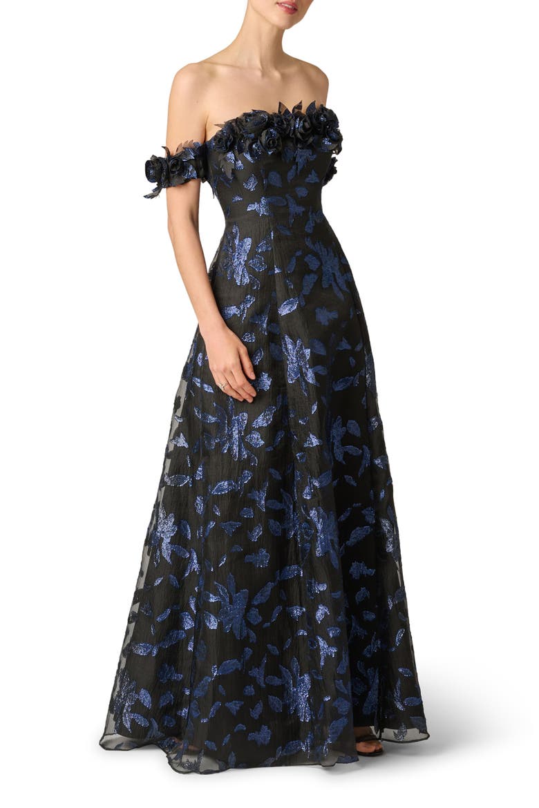 Metallic Jacquard Organza Off the Shoulder Gown, Alternate, color, NAVY/BLACK