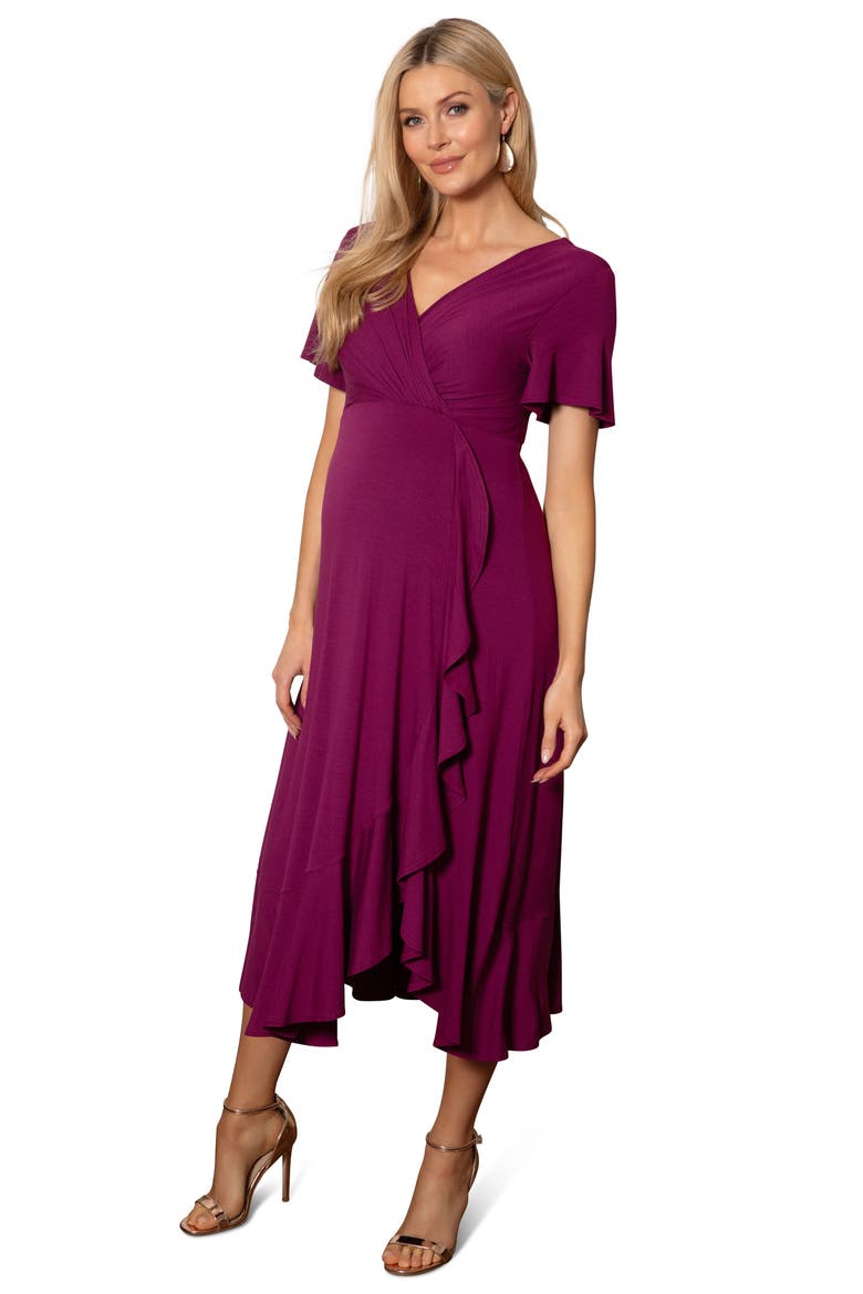 Waterfall Faux Wrap Maternity/Nursing Midi Dress, Alternate, color, PLUM WINE