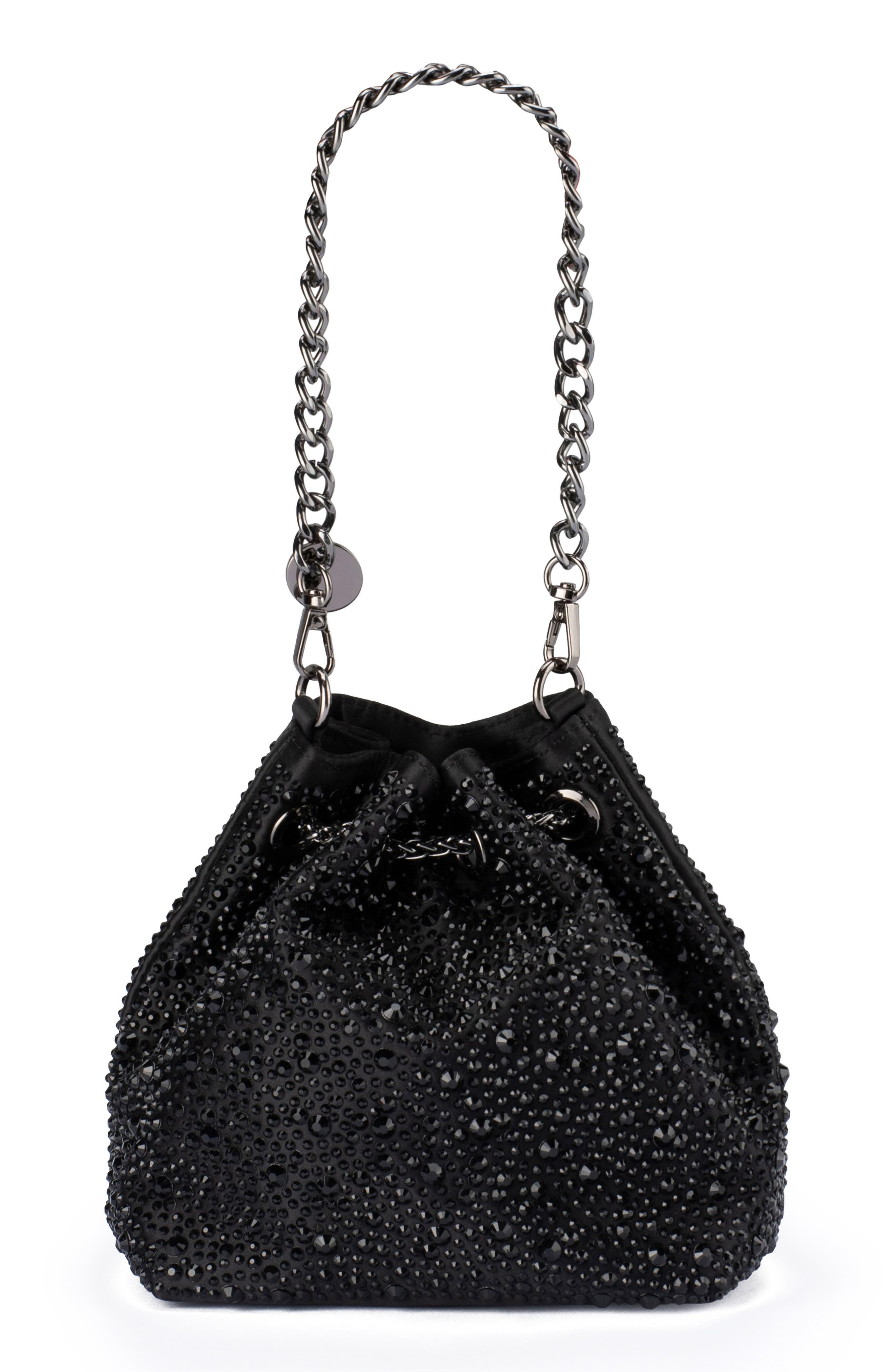 Olga Berg Mika Crystal Drawstring Top Handle Bag, Alternate, color, Black