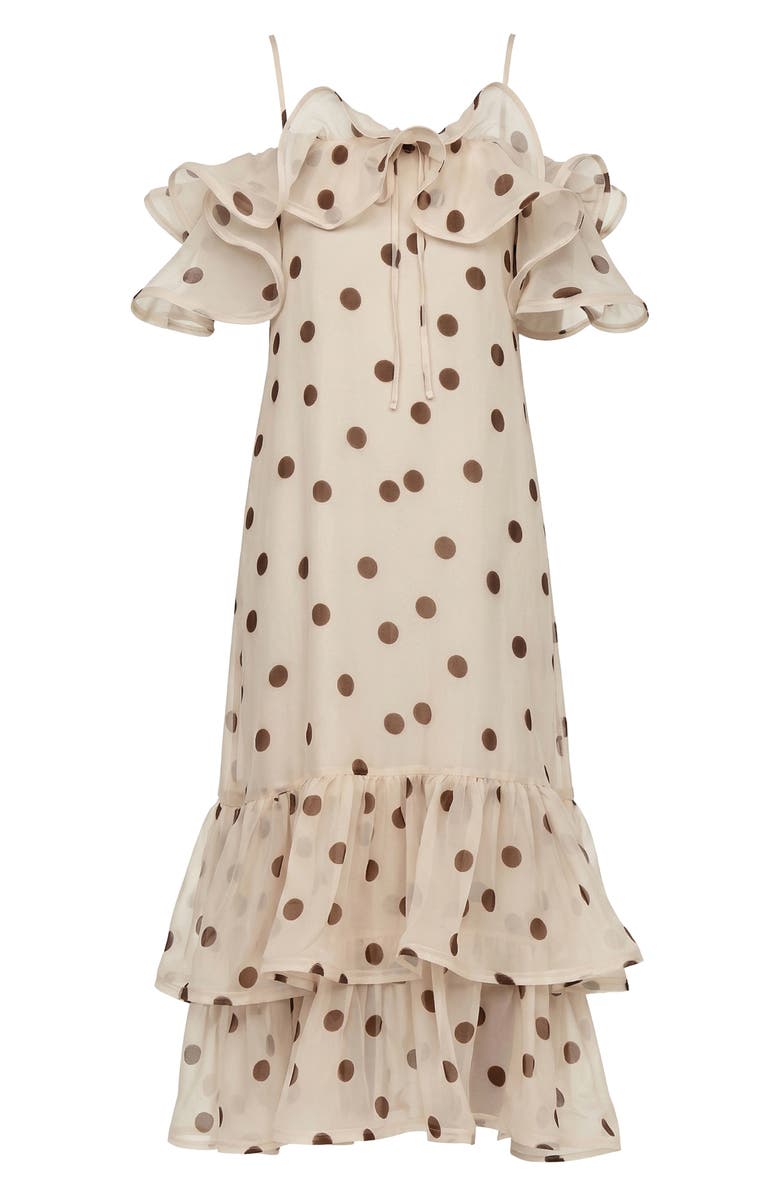 The Lulo Project Barefoot Ruffle High-Low Maxi Dress, Alternate, color, Polka Dots Brown