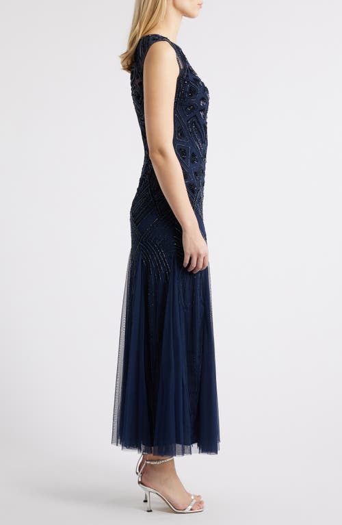 Pisarro Nights Geometric Beaded Sleeveless Gown In Navy