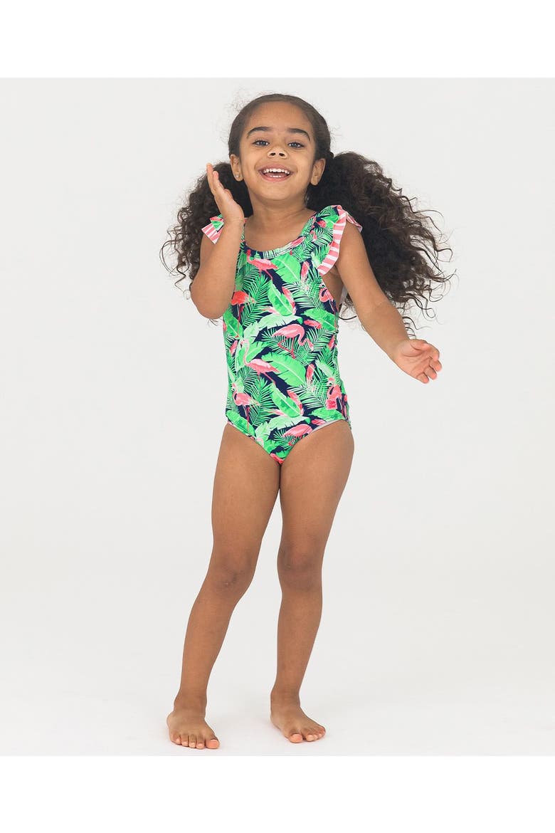 Girls V-Back UPF50+ One Piece, Alternate, color, Flamingo Frenzy