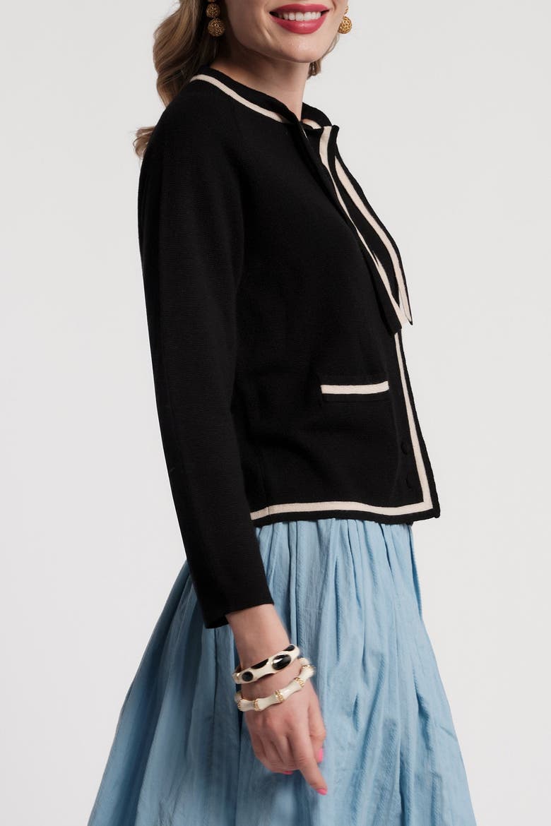 Border Tie Neck Cardigan, Alternate, color, Black/Oyster