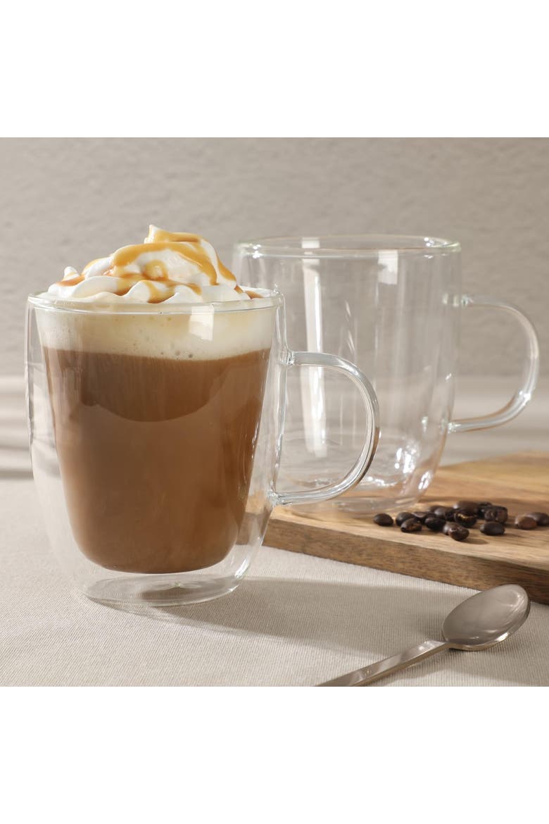 Retro Machiatto 2 piece 16 Ounce Double Wall Insulated Glass Mug Set, Alternate, color, Clear