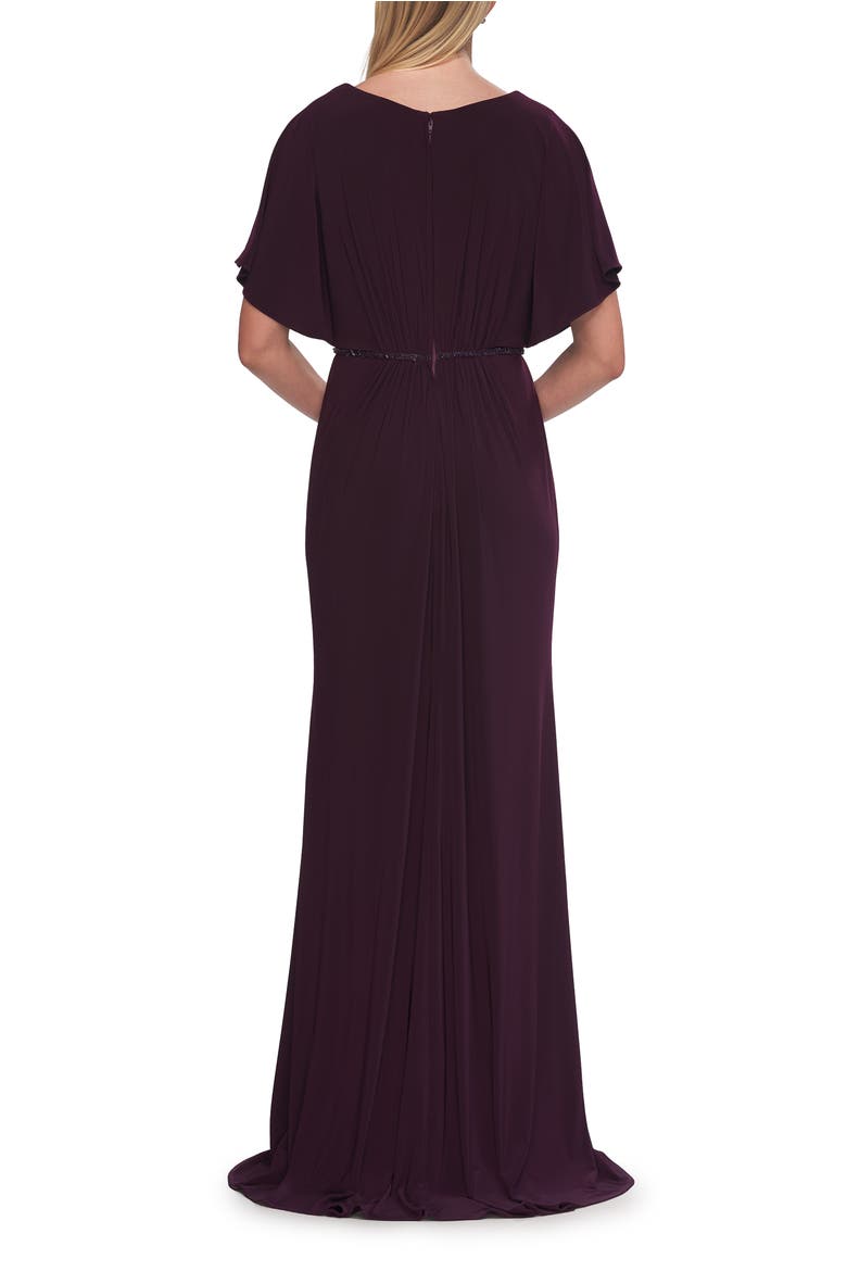 Flutter Sleeve Jersey Gown with Beaded Waist, Alternate, color, Eggplant